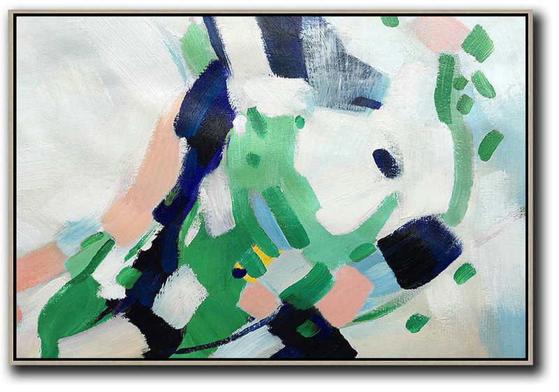 Large Abstract Painting On Canvas,Oversized Horizontal Contemporary Art,Hand Painted Abstract Art White,Pink,Dark Blue,Green